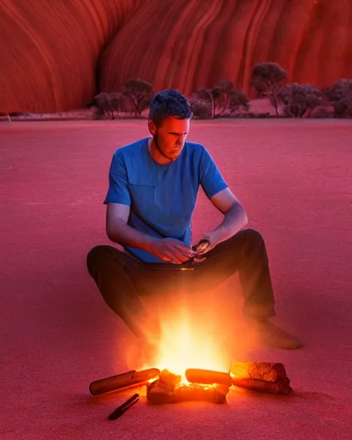 Image similar to close - up of man sitting at uluru playing medicine drum at campfire under cosmic night sky, global illumination radiating a glowing aura global illumination ray tracing hdr render in unreal engine 5, dramatic atmospheric volumetric lighting