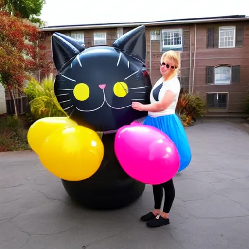 Image similar to inflating a balloon in the shape of a cat, growing cat balloon, big rubber cat, giant inflated cat