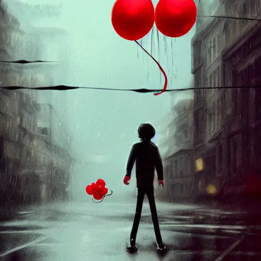 Prompt: pennywise clown offering a red balloon to michael jackson holding an umbrella, rainy street corner, rain reflection on street, highly detailed, cinematic, concept art, smooth, sharp focus, featured masterpiece on artstation