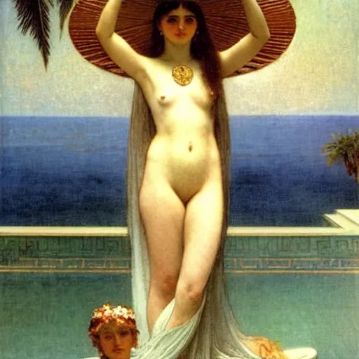 Image similar to Moon girl at the palace, thunderstorm, greek pool, beach and palm trees on the background major arcana sky, by paul delaroche, alphonse mucha and arnold böcklin arnold böcklin hyperrealistic 8k, very detailed