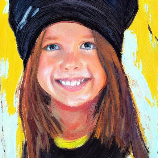 Image similar to painting of a girl with large smile, black color, beanie, impressionist style