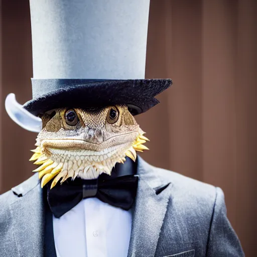 Image similar to dslr portrait still of a bearded dragon wearing a top hat and bow tie, 8 k 8 5 mm f 1. 4