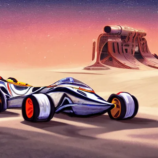 Prompt: mars gp 2 0 7 0. sci - fi, futuristic, landscape, racing track, illustration, drawing