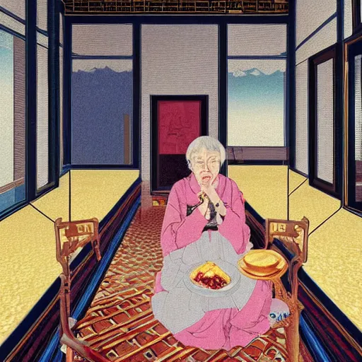 Prompt: fine dining with grandma eating crayons on golden plates in a palace, crayons melting down all over the floor, in the style of kawase hasui james jean, muted neon colors, artstation trending, 8 k, 3 d render, photorealistic, volumetric lighting caustics, black and white, detailed af