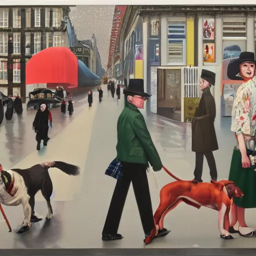 Prompt: oil painting of mornington crescent, rain in the southeast, men wearing bowler hats, kids with spats on their shoes, ladies with chauffeurs, dogs wearing hats and jackets, rich apartments, old punk posters, tartan garments, by neo rauch, by peter blake