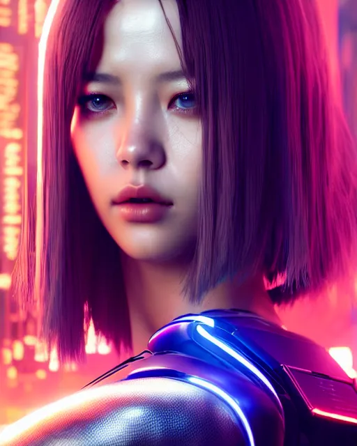 Prompt: beautiful digital painting of lalisa with cybernetic implants with high detail, ( cyberpunk 2 0 7 7, mass effect, bladerunner 2 0 4 9 ), wide shot, environment, 8 k, stunning detail, photo by artgerm, greg rutkowski and alphonse mucha, unreal engine 5, 4 k uhd