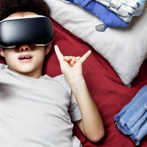 Image similar to a stock photo of a boy laying in bed with a bunch of stuff wearing a VR-headset, featured on flickr, cluttered