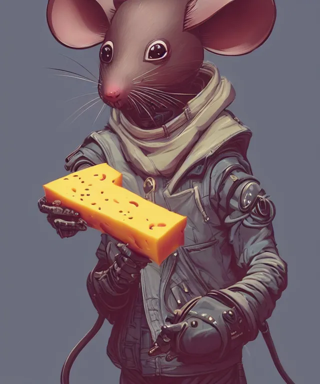 Prompt: a portrait of an anthropomorphic cyberpunk mouse holding a cheese, cyberpunk!, fantasy, elegant, digital painting, artstation, concept art, matte, sharp focus, illustration, art by josan gonzalez