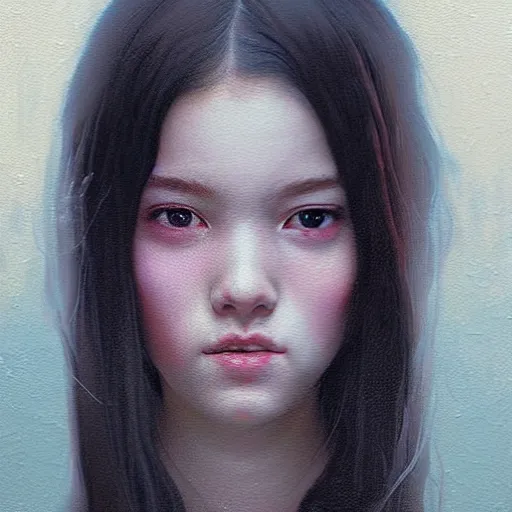 Prompt: Facial portrait of a pretty young cute girl, looking at the camera, slight awkward smile, lips slightly parted, no hands visible, extremely detailed painting by Greg Rutkowski and by Henry Justice Ford and by Harumi Hironaka