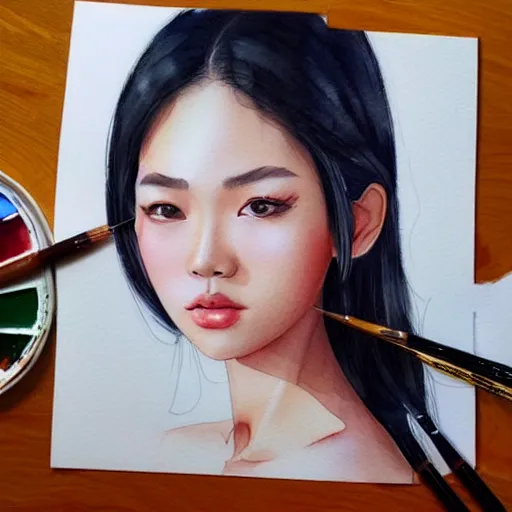 Prompt: Watercolor painting style, beautiful Thai girl by kittichai rueangchaichan, floralpunk, Artstation, intricate details, photo realistic, dramatic