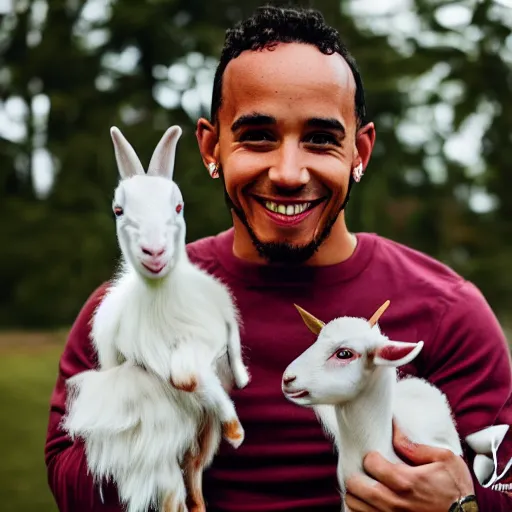 Image similar to lewis hamilton holding a baby goat, ( sony a 7 r iv, symmetric balance, polarizing filter, photolab, lightroom, 4 k, dolby vision, photography awardm, voque, perfect face )