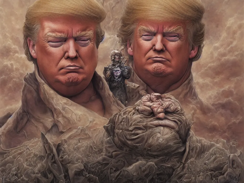 Prompt: Donald trump as baron harkonnen from Dune, highly detailed realistic painting by Tomasz Alen Kopera and hajime sorayama and salvator dali and carl spitzweg