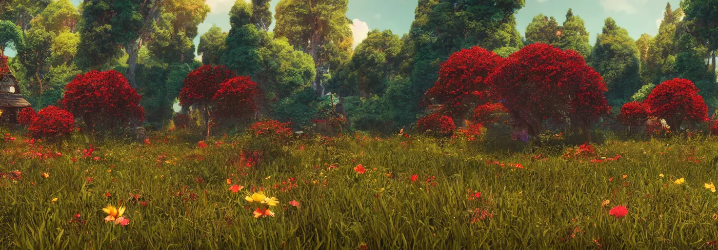 Image similar to crimson - black beehive, large bee hive, in a beautiful forest meadow village landscape, flowers, happy trees, photorealistic, octane render, rtx, hdr, unreal engine, digital art widescreen 8 k, studio ghibli, bob ross, pixar, bee movie, disney