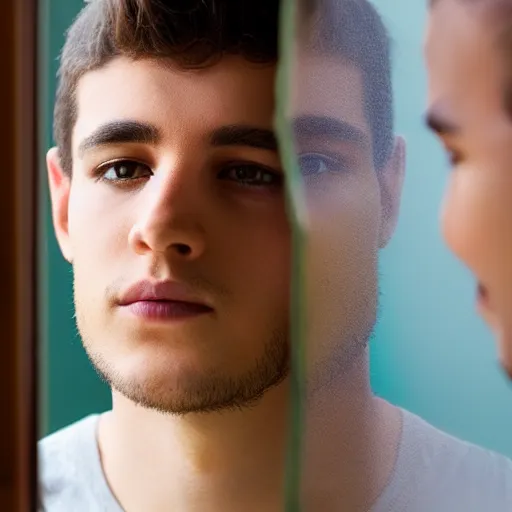 Image similar to a young man looks at an old reflection of himself