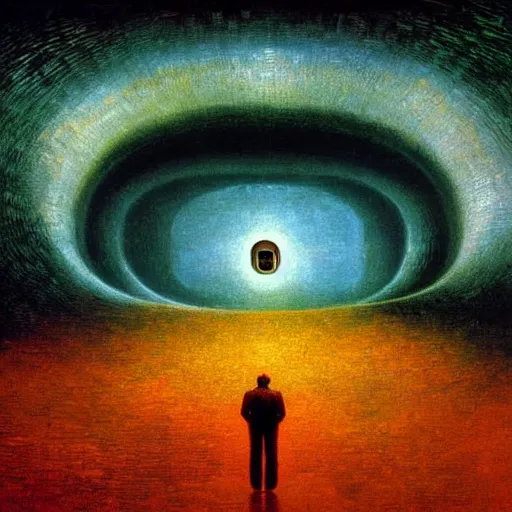 Image similar to Human peaking in wormhole - award-winning digital artwork by Salvador Dali, Beksiński, Van Gogh and Monet. Stunning lighting