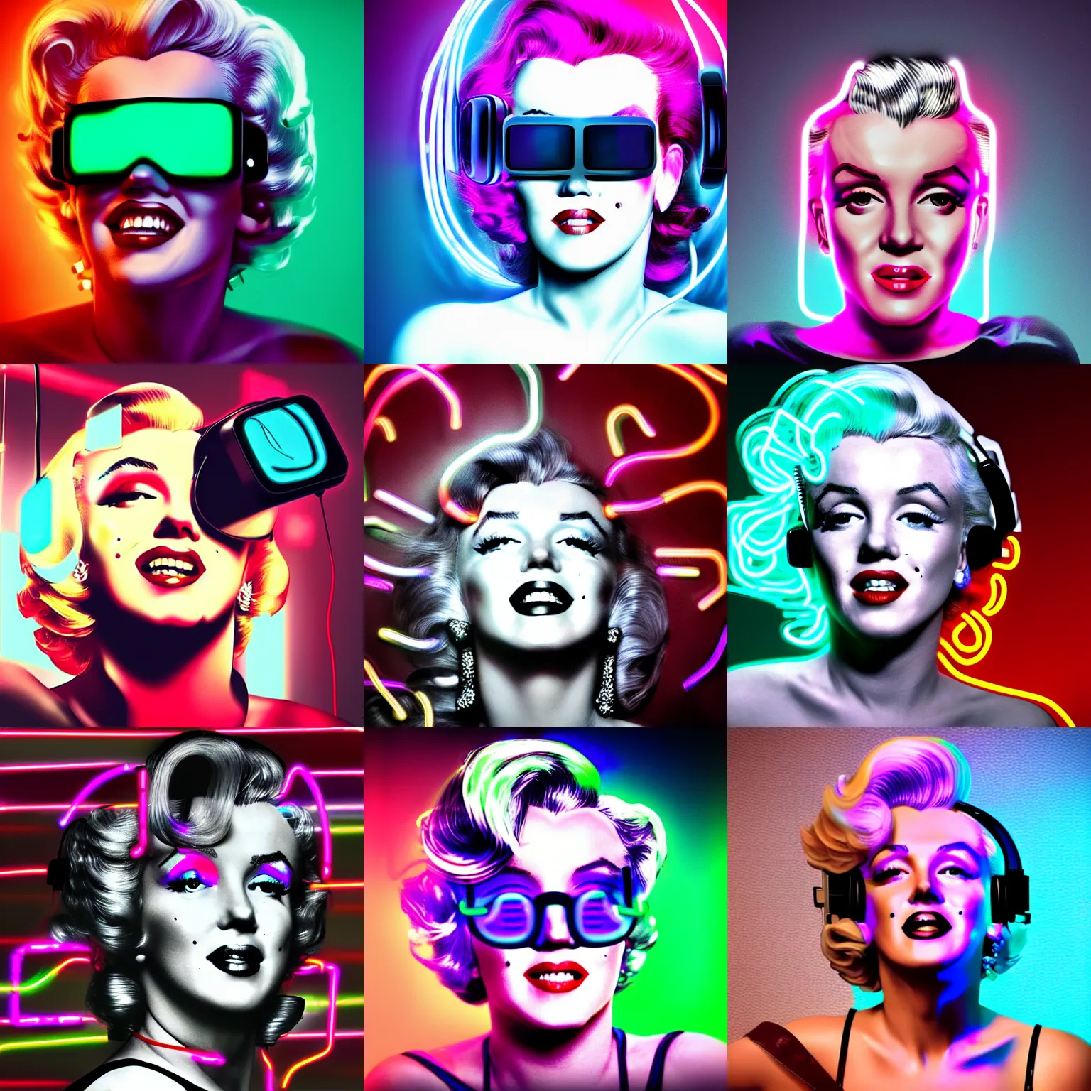 Prompt: marilyn monroe portrait, cyberpunk vr headset, futuristic, wires, neon hard lights, detailed, photography