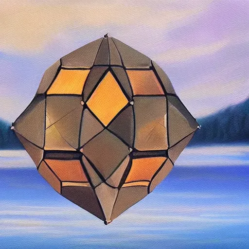 Prompt: an oil painting of an icosahedron floating above a lake