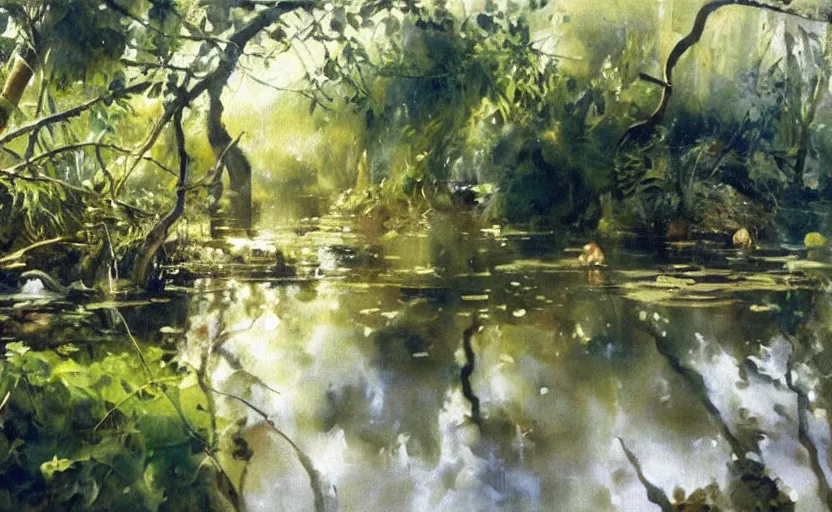 Prompt: oil painting lanscape by anders zorn, jungle nature, fruit trees, very very very very beautiful art, dramatic light, water reflections, aquarelle paint splashes and drips, drops