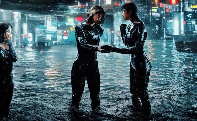 Image similar to cinestill 5 0 d candid photographic portrait by steven spielberg of two loving female androids sobbing wearing rugged black mesh techwear in treacherous waters, flooded city, medium closeup, retrofuturism cyberpunk moody emotional cinematic, pouring iridescent rain bright spotlight helicopter, 8 k, hd, high resolution, 3 5 mm, f / 3 2, ultra realistic faces, ex machina