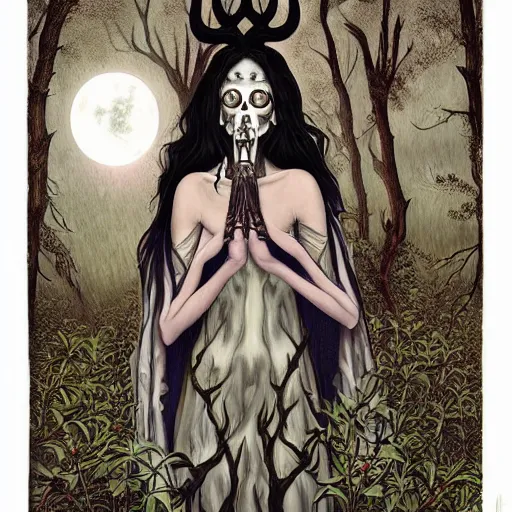 Image similar to an epic horrific wiccan gothic painting of a mother - nature witch cult woman wearing a deer skull, in a moonlit forest by gerald brom by junji ito by vanessa lemen by charlie bowater