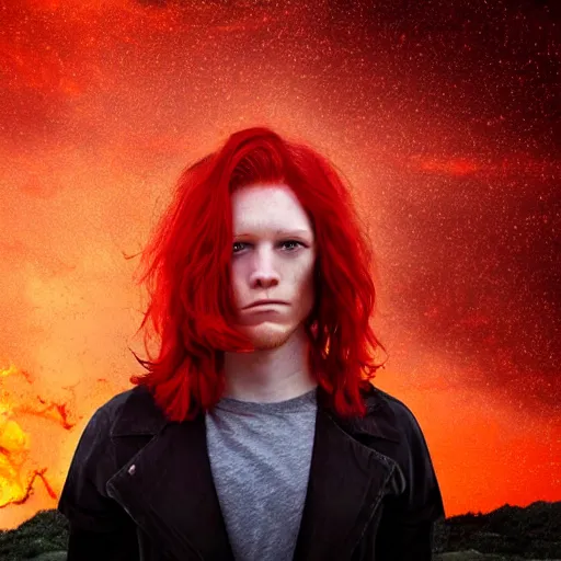 Image similar to a comic - like red haired boy with red eyes and surrounded by fire and a red sky