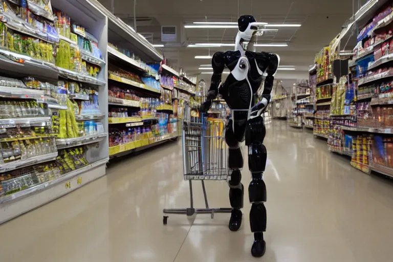 Image similar to photojournalism of sleek humanoid robot walking out of grocery store carrying paper grocery bags