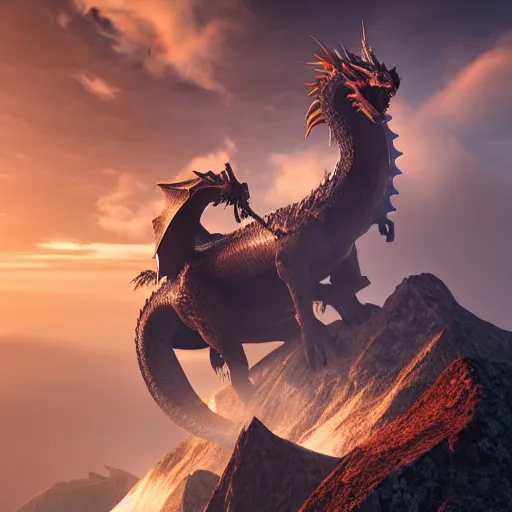 Prompt: giant majestic epic dragon on a mountain between the clouds, epic, volumetric light, volumetric fog, extreme details, 8 k, realistic