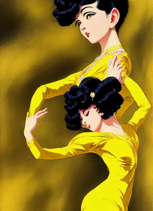 Prompt: a beautiful dancer in yellow with black hair in 1920's fashion, ballroom background, intricate, highly detailed, digital painting, artstation, official media, anime key visual, concept art, rich vivid colors, ambient lighting, sharp focus, illustration, art by Artgerm, Makoto Shinkai, Ilya Kuvshinov, Lois Van Baarle, and Rossdraws