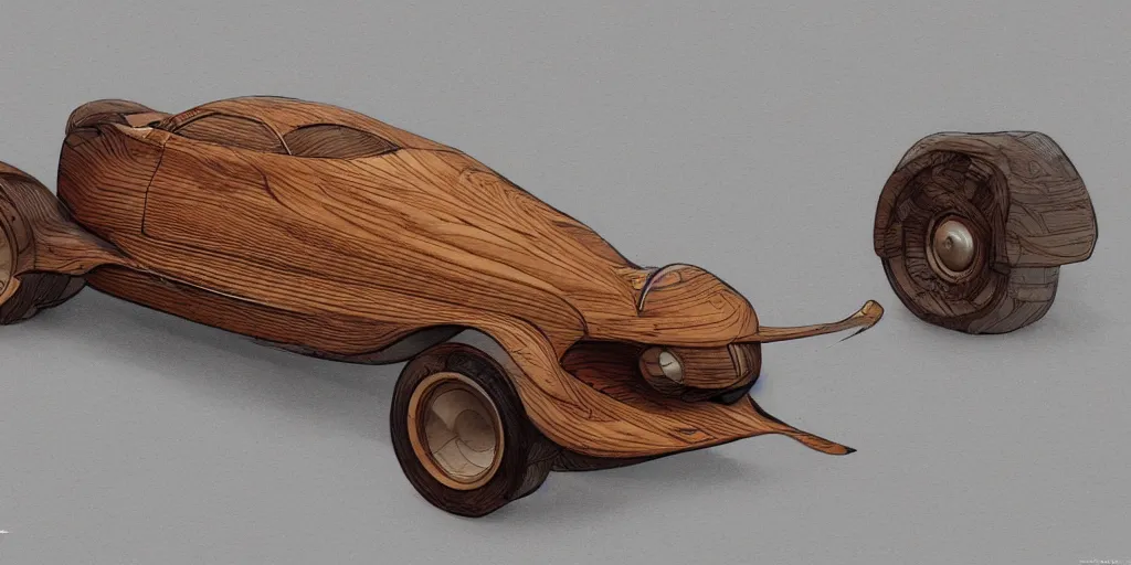 Prompt: wooden car design, design sheet, Moebius, Greg Rutkowski, Zabrocki, Karlkka, Jayison Devadas, Phuoc Quan, trending on Artstation, 8K, ultra wide angle, zenith view, pincushion lens effect.