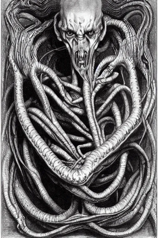 Image similar to portrait of an infernal eldritch demon with snakelike limbs by wayne barlowe and dante gabriel rosetti