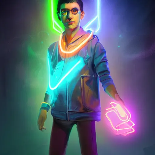 Image similar to a oil art portrait of young mage with neon magic in style of disco elysium character, bard jester character sheet, 4 k, ultra detail, volumetric lighting, unreal engine, octane render, grimdark