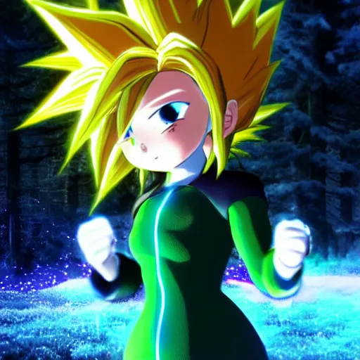 Image similar to portrait focus of Super Saiyan beautiful 3D anime gir !!! posing, lightning aura, frozen ice !! dark forest background, snowing, bokeh, inspired by Masami Kurumada, digital painting, high contrast, unreal engine render, volumetric lighting, high détail