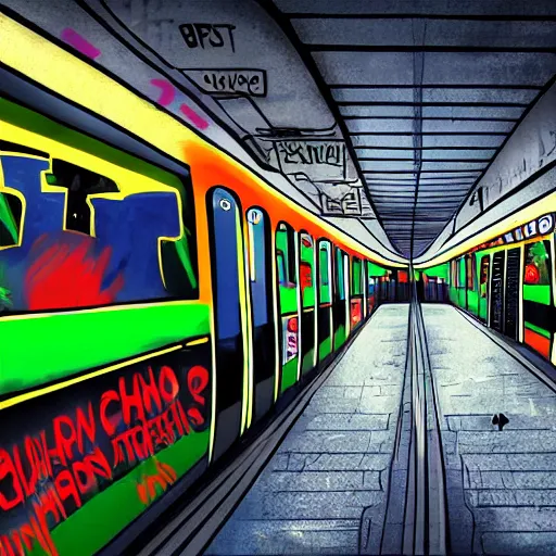 Prompt: a subway station with a graffiti painted subway train, dramatic light, award winning, concept art, art station, in the style of inio asano