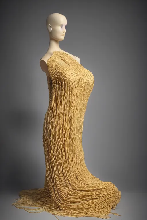 Image similar to A beautiful dress made out of a noodles, on a mannequin. High quality, high resolution, studio lighting