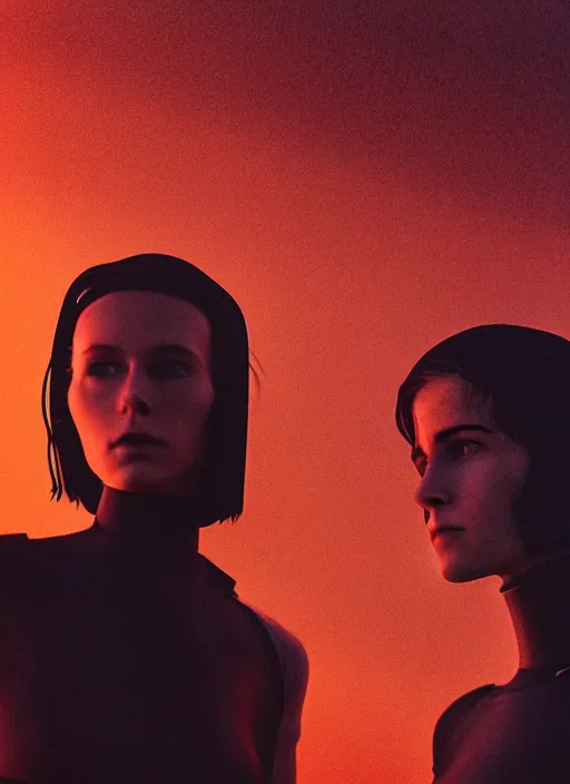 Prompt: cinestill 5 0 d photographic portrait of two loving female androids wearing rugged black cutout waist techwear on a desolate plain with a red sky, extreme closeup, modern cyberpunk, dust storm, 8 k, hd, high resolution, 3 5 mm, f / 3 2, ultra realistic faces, ex machina, blade runner