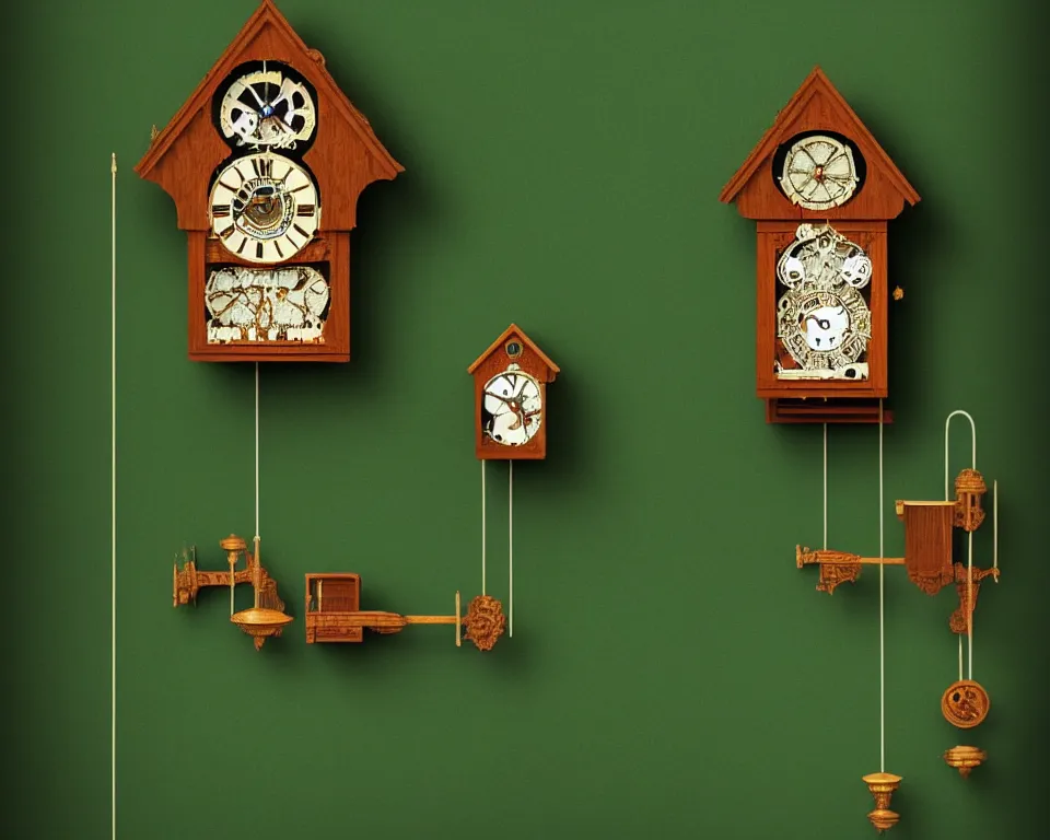 Image similar to an achingly beautiful print of dozens of ornate cuckoo clocks on a dark green wall by Raphael, Hopper, and Rene Magritte. detailed, romantic, enchanting, trending on artstation.