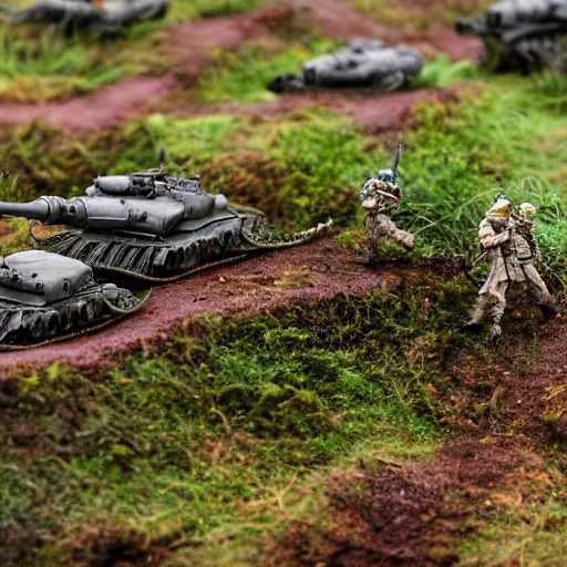 Image similar to photograph of a diorama of a battlefield, tanks and trenches, ruins, bokeh, macro photography