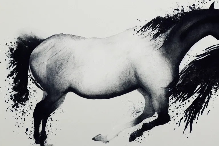 Image similar to beautiful serene horse, healing through elegant motion, minimalistic ink aribrush painting on white background