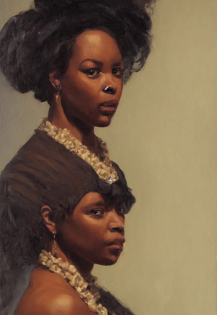 Image similar to a front portrait of a black woman in victorian attire oil on canvas, trending on artstation, digital art.