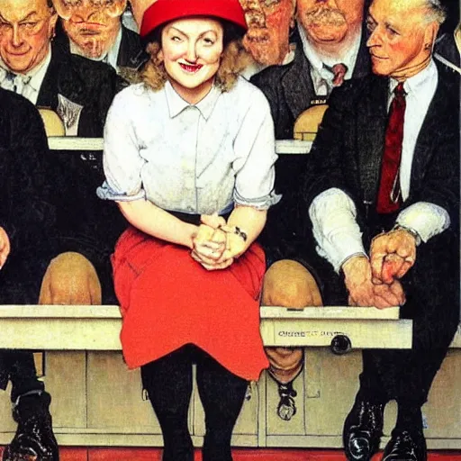 Image similar to conservative mp liz truss wearing a dunces cap, norman rockwell painting