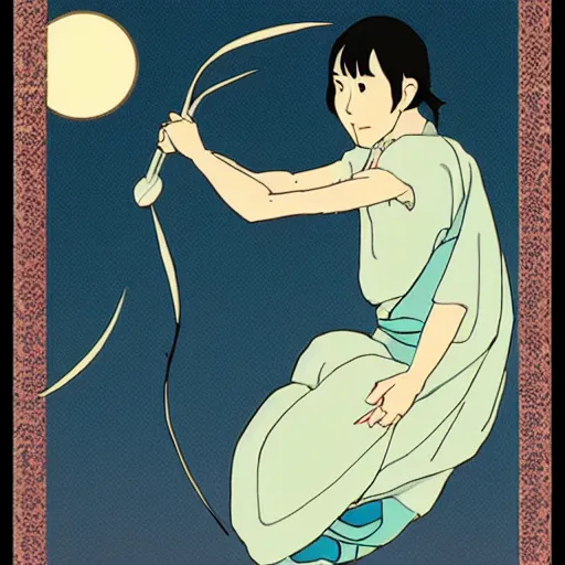 Image similar to a beautiful japanese male god sourrounded by borealis, studio ghibli style