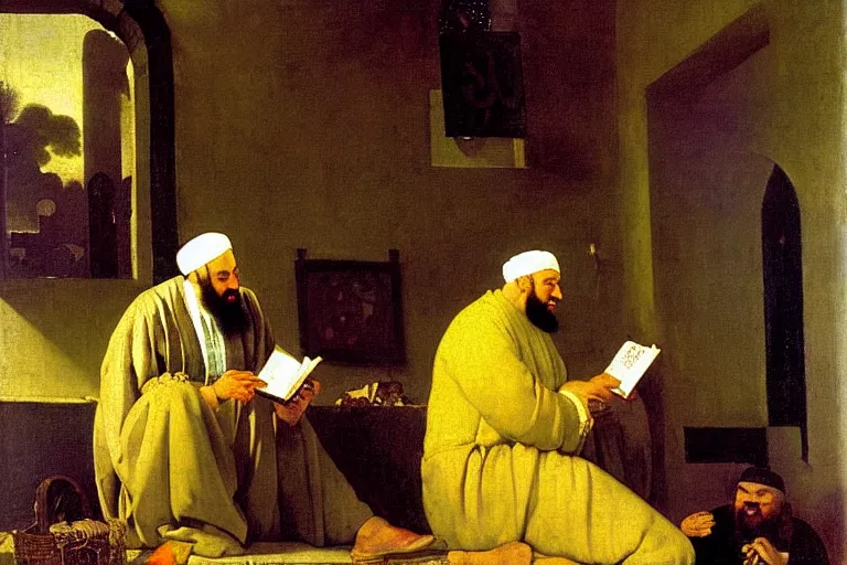 Prompt: the prophet mohammed reading salman rushdies book the satanic verses, being delighted and cheerful, whispering words of wisdom in solidarity, painted by frederick arthur bridgman and jan vermeer, oil on canvas