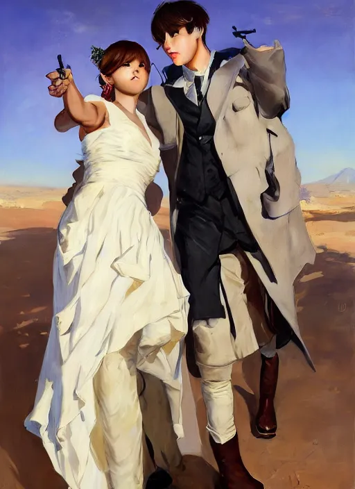 Prompt: jungkook and taehyung of bts getting married in las vegas, perfect eyes, jodhpurs hyperborea winter traveler treasure hunter greg manchess painting by sargent and leyendecker, fantasy, medium shot, matte painting, illustration, hearthstone, by rhads, by greg rutkowski, by greg tocchini, by james gilleard, by joe fenton