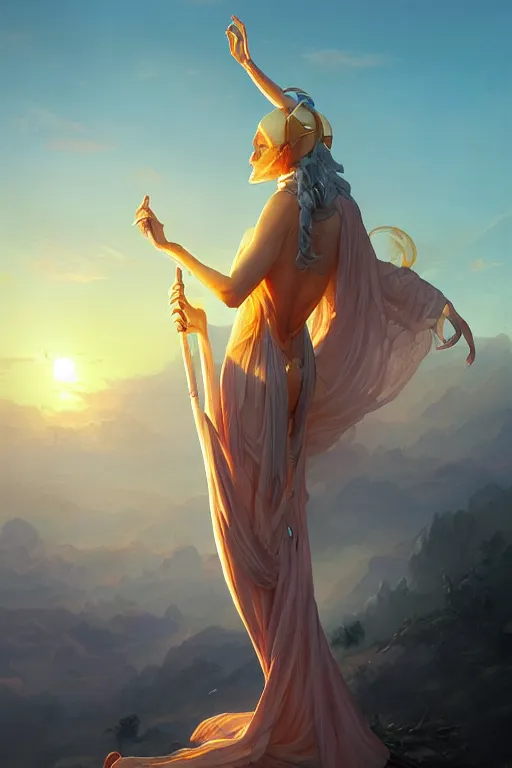 Image similar to the high Priestess of the sun god greets the rising sun, 8k resolution digital painting by Michael Whelan and Peter Mohrbacher, cinematic morning light