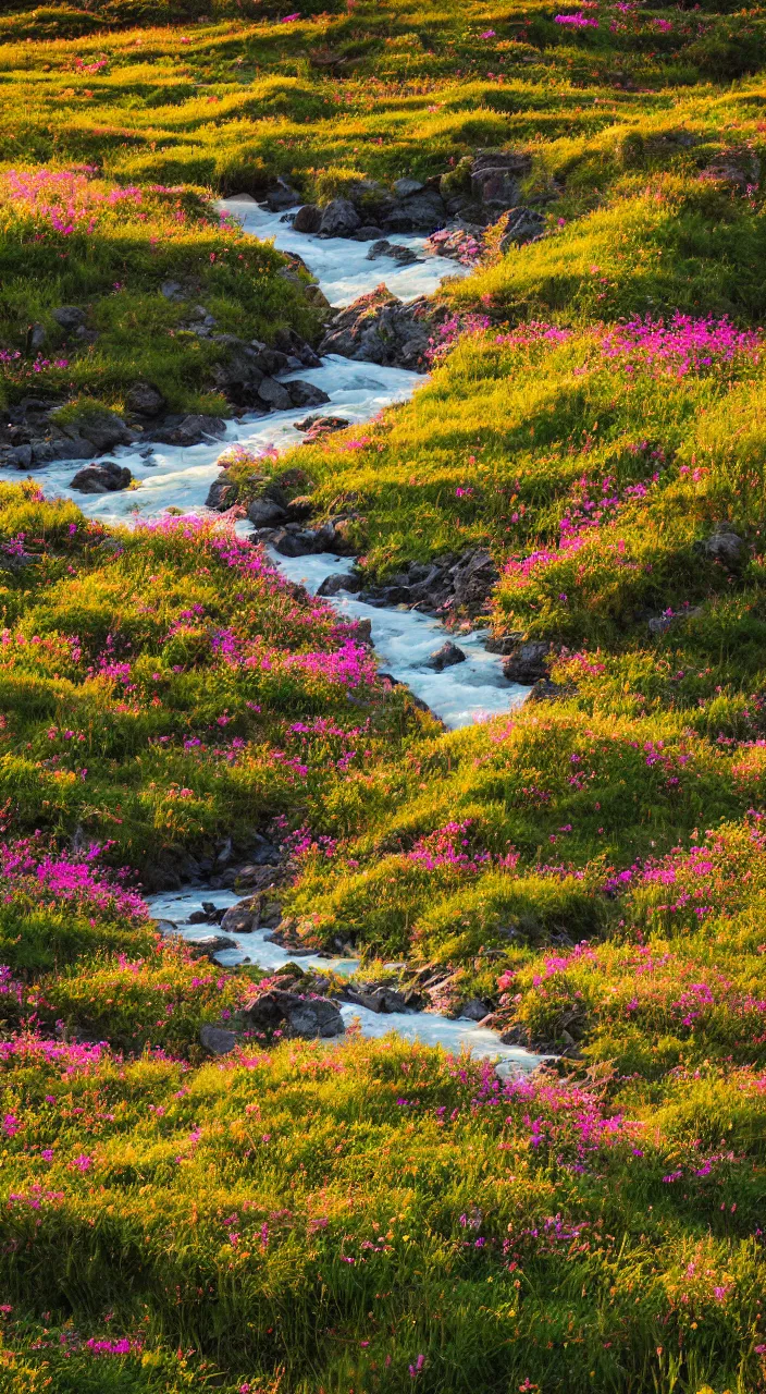 Prompt: Sun rising over snow-peaked mountains with a river flowing through a valley of flowers with golden light, vibrant, hyperrealistic, colourful, award winning photo, detailed, cinematic, golden hour, 8k