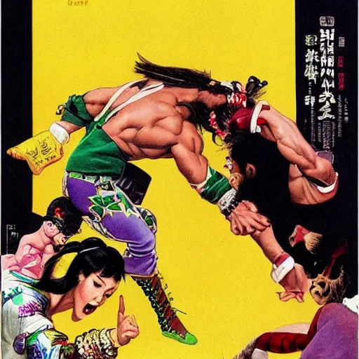 Image similar to macho man randy savage fights chun-li, norman rockwell style