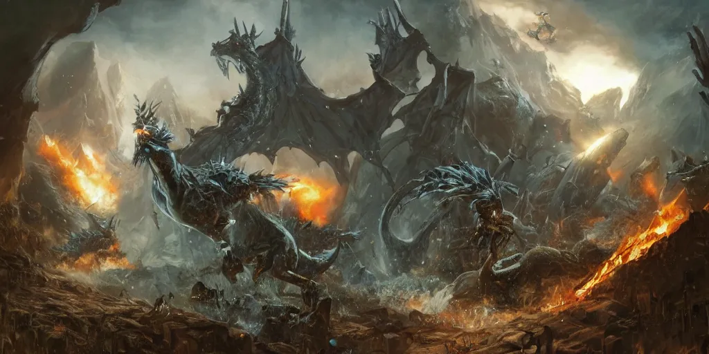 Image similar to craig mullins detailed digital painting of a battle scene, mounted paladins versus a frost dragon from the computer game master of magic ( 1 9 9 4 ), cinematic shot, very detailed, maximalism, unreal engine, hyper realism, realistic shading, cinematic composition, blender render, octane render, hdr, detailed textures, photorealistic, very wide shot, 1 6 mm lens