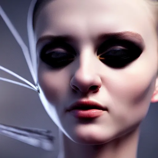 Image similar to hyperrealism photography computer simulation visualisation of parallel universe cgi scene with beautiful highly detailed ukrainian woman by caravaggio wearing neofuturistic neural interface by josan gonzalez - s 1 5 0