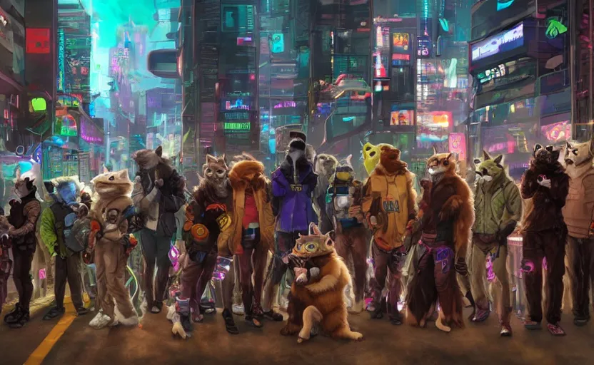 Image similar to high - resolution photograph from a cyberpunk era furry fandom convention ( midwest furfest 2 0 4 7 ), taking place after the genetic revolution and quantum singularity. photorealistic.