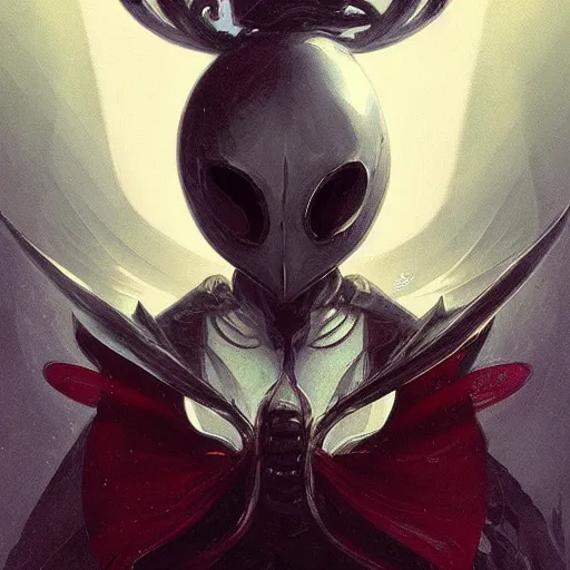 Image similar to Portrait of Hollow Knight , highly detailed, digital painting, artstation, concept art, sharp focus, illustration, art by greg rutkowski and alphonse mucha